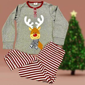Kids Reindeer Christmas Pajama Set – Grey Reindeer Top & Red Striped Pants